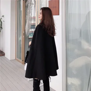 Korejski Nov Slog, Barva Svoboden Cape Coats Zbiranje Pasu Volnene Srednje Dolg Plašč Ženske Zimske Vrhovi Ženska kaki črni elegantni
