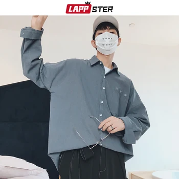 LAPPSTER Mens korejski Modnih Majice dolg rokav 2020 Mens Harajuku Belo Vezenje Bombažne Majice Moški gumb gor shirt Majica