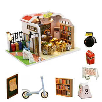 Lesena lutka hiša razredu igrača diy lutke pohištvo otroci pohištvo miniaturne lutka hiše kit poppenhuis lučka hout