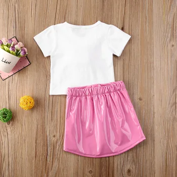 Moda Otrok Dekle 3D Ice Cream T-majice Vrh+PU Krila Poletja Baby Dekle Eleganten Sladko Roza Mini Krila, Obleke, Kompleti