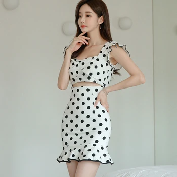 Nov prihod moda korejski nočni klub stranka obleko ženske elegantne poletne temperament seksi votlih iz ruffle piko, mini sirena obleko