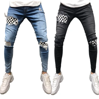 Nova Moda za Moške Jeans Razrezana Raztrgala Traper hlače svinčnik Kavbojke Slim Obliž Hlače Kariran Hlače Elastičnega pasu S-3XL