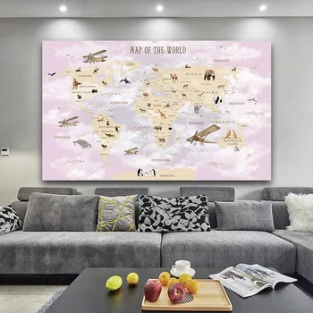 Platno Slikarstvo Pisane Živali Letalo Zemljevidu Sveta Plakat Plakat in Fotografij Wall Art Cuadros za Dom Otroci Soba Dekoracijo