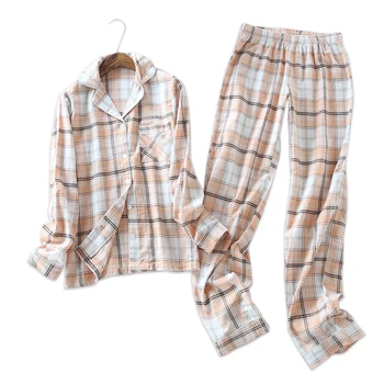 Plus velikost brušenega bombaža ženska pižamo določa Pomlad priložnostne kariran dolgo sleeved sleepwear ženske pijamas
