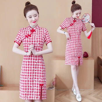 Plus Velikost M-4XL Roza Vzorcem Poletje Moda Stranka Cheongsam Qipao Obleko za Ženske, Kratek Rokav Tradicionalna Kitajska Oblačila