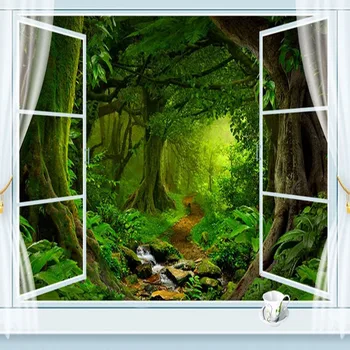Po meri vseh Velikosti Zidana Ozadje Okna 3D Zelena Drevesa, Gozdne Krajine, Narave Pokrajino Stensko Slikarstvo Dnevna Soba De Papel Parede