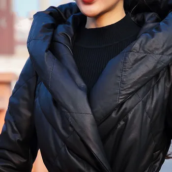 Pravega Usnja Suknjič 2020 Zimske Ženske blagovne Znamke Toplem Pasu Usnje Navzdol Hooded Suknjič Dolgo Debel Ovčje kože Coat Plus Velikost M 3XL