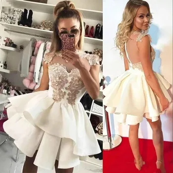 Skromno Bela vestidos de graduacion Saten Aplicirano Prom Oblačenja 2019 arabski Poceni Kratek Maturantski Obleki vestidos de gala kratek
