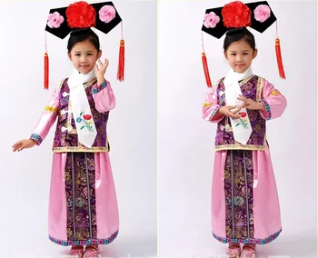 Visoko Kakovostni Svilene Tkanine Vezenje Otrok Starih Kostum Kitajska Dinastija Qing Zen Mozaic Hanfu Manchu Zastavo Obleko Dekle Foto Prop