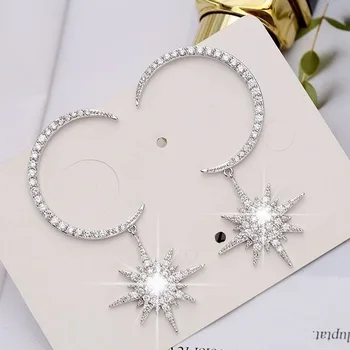 Vroče Prodaje Bohemian Srčkan Luna Star Silver Gold Uhani s Cirkon Kamen Modni Nakit korejski Uhani 2019
