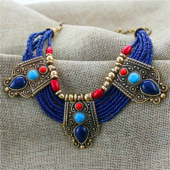 XQ modna ženska kratka ogrlica Modre kroglice, prevlečene barvo brona, kamna zlitine vodnih kapljic multi-layer ročno vintage nakit