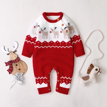 Za malčke Baby Božič Romper Elk Natisnjeni Dolgo Pleteno Rokavi Jumpsuit za Fante, Dekleta Rdeča/ Temno Modra 0-18months