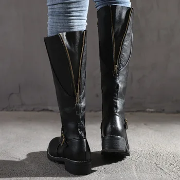 Škornji z visoko stegno rjava Ženske Letnik usnje Kvadratnih Pete Zadrgo kolena višina sponke Boot Toplo Krog Toe Čevlji Britanski Stil