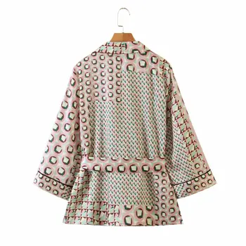 Ženske novo obleko slog, barvo ujemanje geometrijski vzorec kimono z jakna + visoko elastični pas hlač dve delni set